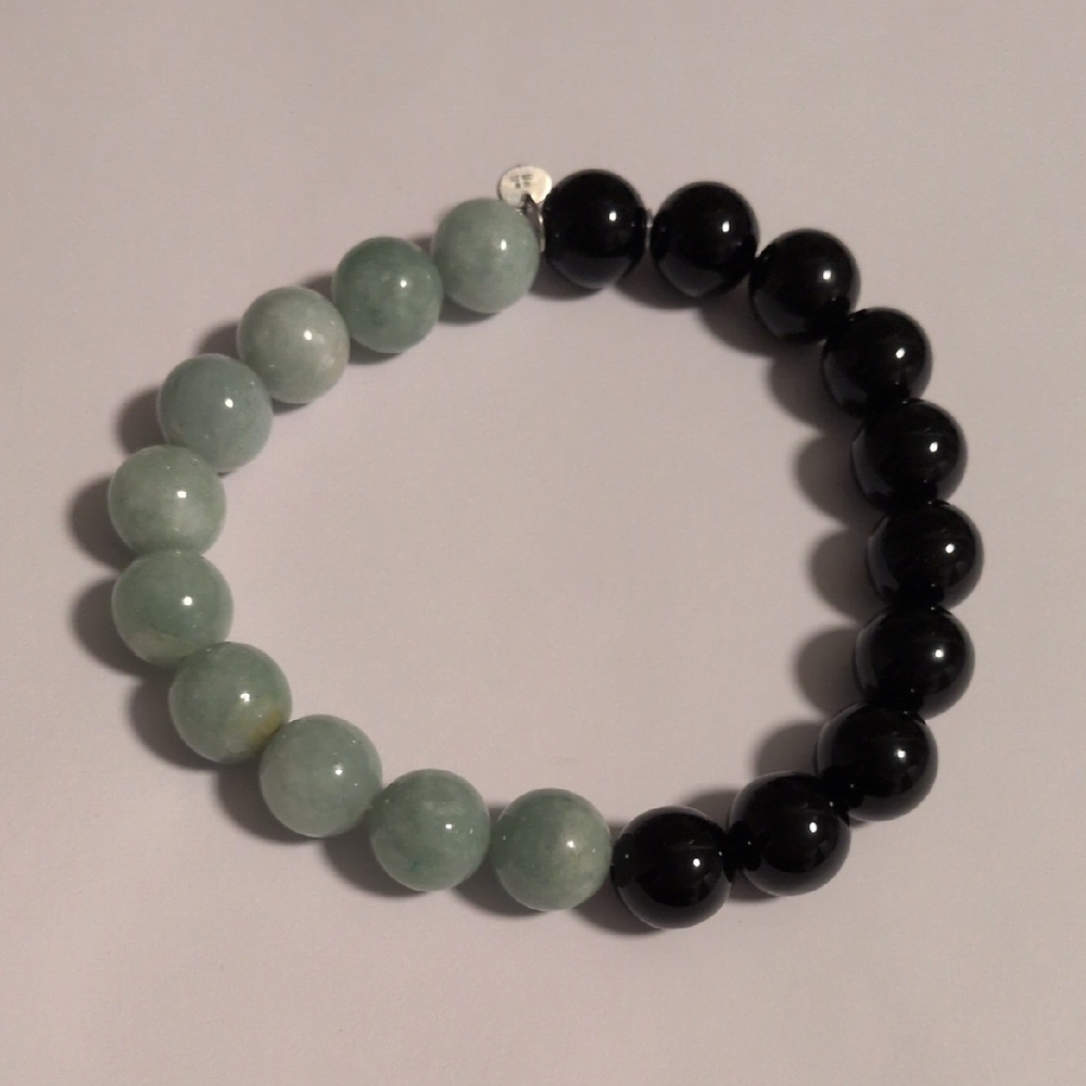 Black & Pale Green Beaded Stretch Bracelet w/ Sterling Silver Tag | Glassy Stone